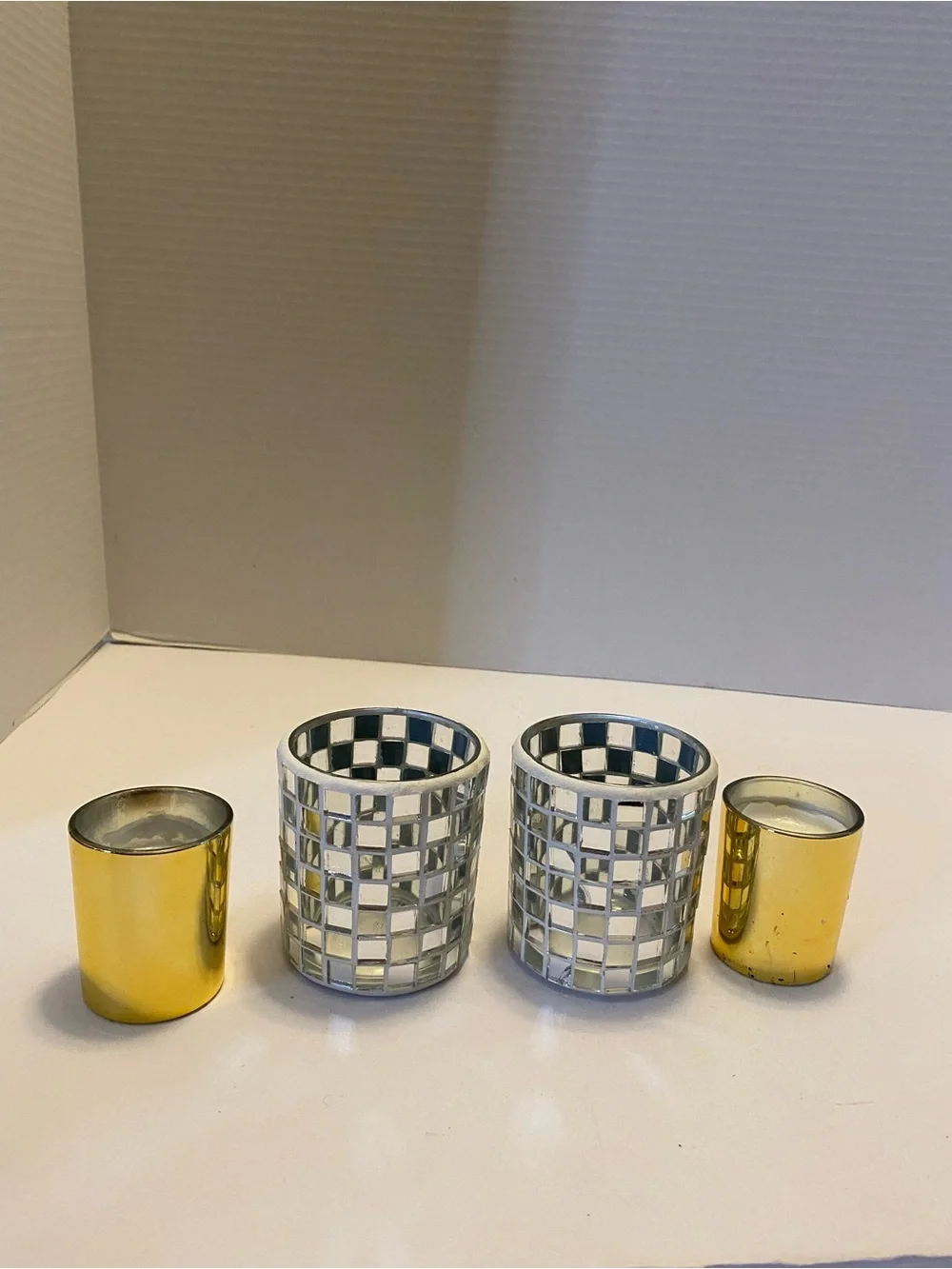 Silver Mirror Mosaic Votive Glass Candle Holder With Gold Insert Set Of 2